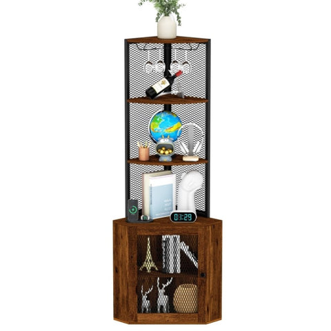 ZUN Corner Shelf with Doors, 65" Corner Cabinet & Wine Glass Rack, 6 Tier Bookshelf Display, 09047996