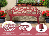 Outdoor Cast Aluminum Patio Bench, Porch Bench Chair with Curved Legs Rose Pattern, Red 57565215