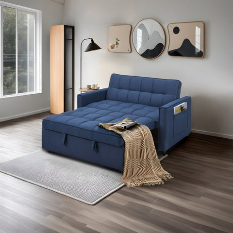 ZUN Stylish blue Pull-Out Sofa Bed with Woven Polyester Fabric & Solid Wood Frame W2297P211264