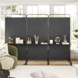 3-Panel Folding Divider with Lockable Wheels and 3 Metal Shelves Black 83574560