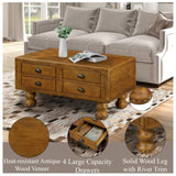 Solid Wood Rectangle Coffee Table for Living Room, 40-Inch Antique Coffee Table with 4 Drawers, Wood W1202P176741