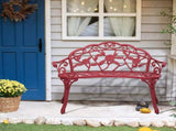 Outdoor Cast Aluminum Patio Bench, Porch Bench Chair with Curved Legs Rose Pattern, Red 57565215