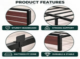 Queen Size Metal Wood Platform Bed Frame, 3-Panel Reddish Brown Wood Grain Headboard with LED Light 45520408