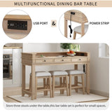 ZUN 4-piece Dining Bar Table Set with 3 Upholstered Stools, Multifunctional Dining Table with 3 Drawers 87981580