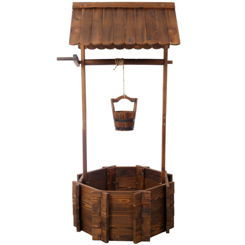 ZUN Rustic Wooden Wishing Well Planter Outdoor Home Décor for Patio, Garden, Yard w/Hanging Bucket W465P215367