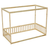 Twin Size Canopy Frame Floor Bed with Fence, Guardrails,Natural W504P143279
