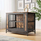 Dog Crate Furniture, Wooden Dog Crate Table, 32.8" Dog Kennel with 2 Slidings and Thick Iron W840P203066
