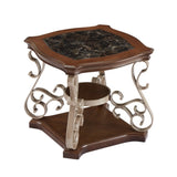 End table, marble paper top, MDF with brich middle shelf, powder coat finish metal legs. W1708135330