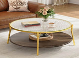 Modern Round Walnut 2-Tiered Coffee Table with Glass Top and Gold Base for Living Room, 29.9" N735P350390D