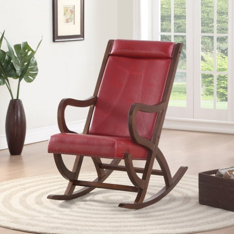 ZUN Burgundy and Walnut Rocking Chair with Nailhead Trim B062P209179