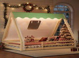 Full Size House Floor Bed with Tent and Light, Solid Wood Teepee Floor Bed with Full-length W1580P369468