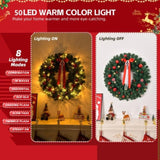 ZUN 24in Pre-lit Battery Powered Christmas Wreath, Lighted Artificial Xmas Wreath with 50 Warm Lights 43039127