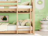 Twin Over Twin House Floor Bed with Headboards, Footboards and Guardrails, Ladder, Rubber Wood W504P227942