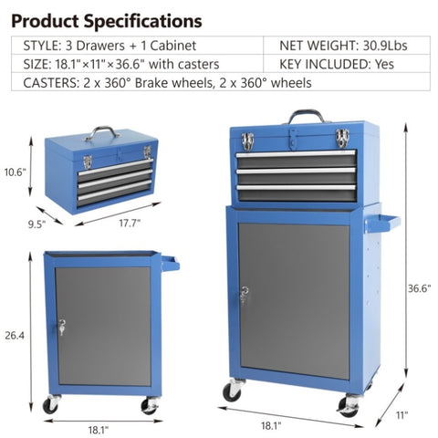 ZUN Rolling Garage Workshop Tool Organizer: Detachable 3 Drawer Tool Chest with Large Storage Cabinet 62300591