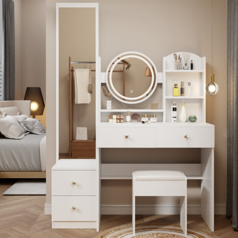 ZUN Full Body Mirror Cabinet + Round Mirror LED Vanity Table + Cushioned Stool, 17" diameter LED Mirror, W936P160023