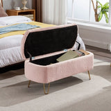 Pink Storage Ottoman Bench for End of Bed Gold Legs, Modern Grey Faux Fur Entryway Bench Upholstered W1170104172