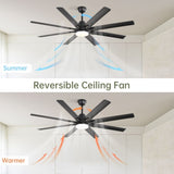 ZUN 66 Inch Modern Ceiling Fan With Dimmable Led Light 8 ABS Blades Smart Remote Control Reversible DC W882P146899