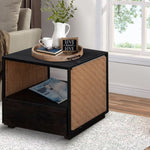 ZUN 21 Inch Handcrafted Acacia Wood Side Table Nightstand, Woven Jute Side Panels, Brown, Black B05671903