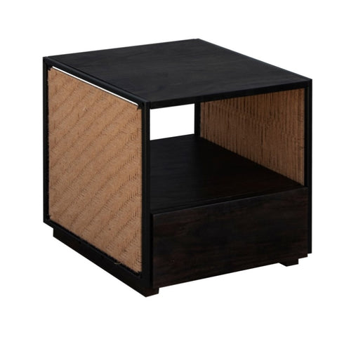 ZUN 21 Inch Handcrafted Acacia Wood Side Table Nightstand, Woven Jute Side Panels, Brown, Black B05671903