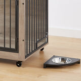 ZUN Furniture Style Dog Crate Side Table With Rotatable Feeding Bowl, Wheels, Three Doors, Flip-Up Top 50861371