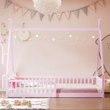 Twin Size Wood House Bed with Fence, Pink 82766186