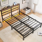 Queen Size Metal Bed Frame with Wooden Headboard, RGB Lights,Charger, Storage Shelf, Noise-Free, No W840P209904