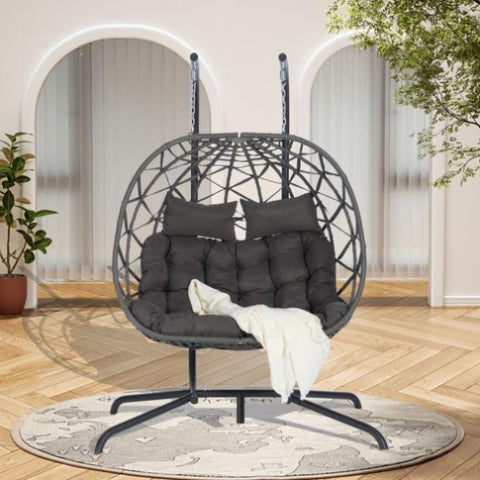 ZUN 2 Person Outdoor Rattan Hanging Chair Patio Wicker Egg Chair 98959467