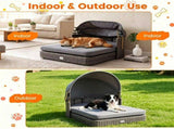 Gray Hand-Woven PE Rattan Dog Bed with Adjustable Canopy, Elevated Outdoor Pet Daybed with Washable 33187584