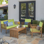 ZUN Outdoor Acacia Wood Sofa Set with Water Resistant Cushions, 4-Pcs Set, Brown Patina / Light Green 59116.00LGRN