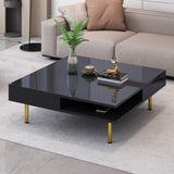 ZUN ON-TREND Exquisite High Gloss Coffee Table with 4 Golden Legs and 2 Small Drawers, 2-Tier Square WF315490AAB