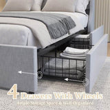 Queen Size Bed Frame with 4 Storage Drawers and Wingback Headboard, Button Tufted Design, Light Grey W1303P227896