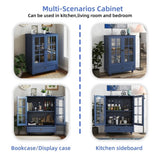 Minimalist Blue Buffet Cabinet with Double Glass Doors and Drawer, Modern Wooden Storage Sideboard W2557P307944