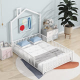 Full Size Metal House Platform Bed with Guardrail and Chimney, White N709P203153K