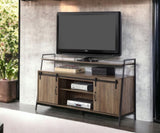 Rustic Oak and Black TV Stand with Sliding Barn Door B062P209174