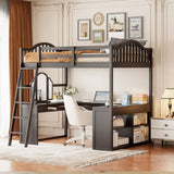 Full Wooden Loft Bed with U-shaped Desk,Storage Compartments and Tri-fold Mirror, Espresso 27628396