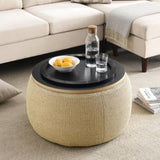 Round Storage Ottoman, 2 in 1 Function, Work as End table and Ottoman, Natural W48762888
