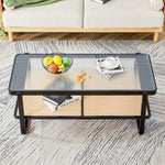 ZUN Modern minimalist rectangular double layer black solid wood imitation rattan coffee table with a W1151119892