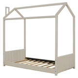 Twin Size Velvet House Bed Wood Bed, Beige 13139946