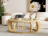 35.43"Vintage Rattan Solid Wood Round Coffee Table, Curved Legs Boho Accent Table for Dining Room, W757P383547