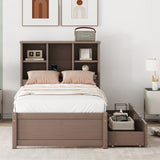 Modern Twin Size Bed Frame With Built-in USB Port on Bookcase Headboard and 2 Drawers for Walnut W697P152020