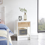 15.75" Rattan End table with drawer, Modern nightstand, side table for living room, bedroom,white W126573112