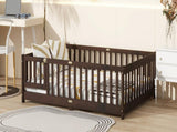 Full Size Floor Bed with Fence and Door,Rubber Wood Floor Bed with Safety Guardrails,Espresso W504P429302