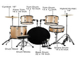 Full Size Adult Drum Set 5-Piece Champagne with Bass Drum, two Tom Drum, Snare Drum, Floor Tom, 16" 20420021