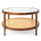 31.5in Rattan Coffee Table with Glass Top, Round End Table, Boho Style Side Table Sofa End Table for 55056269