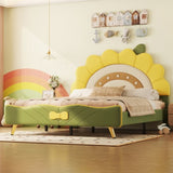 ZUN Full Size Upholstered Platform Bed with Sunflower Shaped Headboard, Green WF321480AAL