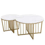 ZUN Modern Round Nesting Coffee Table Set 2-Piece White & Marbling Top Gold Base WF320654AAK