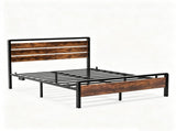 Queen Size Metal Wood Platform Bed Frame, 3-Panel Fire Burnt Brown Wood Grain Headboard with LED 63949330