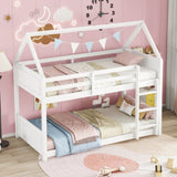Twin Over Twin House Floor Bed with Headboards, Footboards and Guardrails, Ladder, Rubber Wood W504P227938
