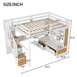 ZUN Full Size Loft Bed with Desk and Shelves, Two Built-in Drawers, Storage Staircase, White and Natural 04858801