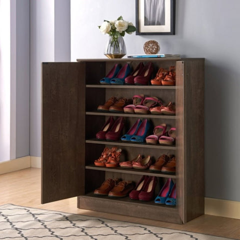 ZUN Shoe/Storage Cabinet with Two Doors Five Shelves - Dark Brown B107134429